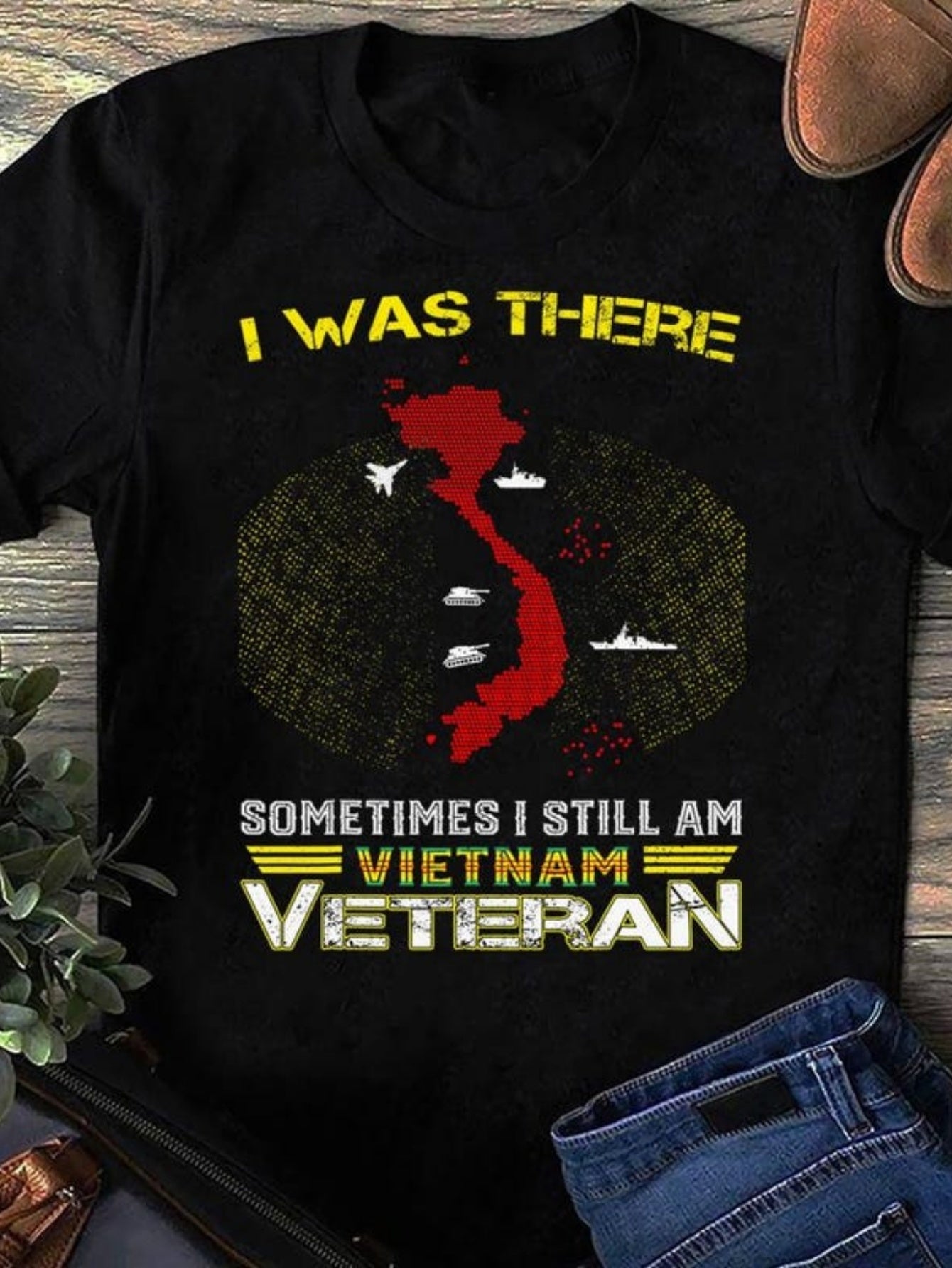 Men's Graphic T-Shirt I Was There Vintage Map With Aircrafts And Yellow Highlights Vietnam Veteran