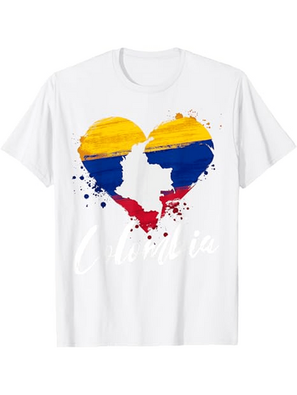 Men's Graphic T-Shirt Colombia Heart Shaped Watercolor Map With Painted Brush Strokes