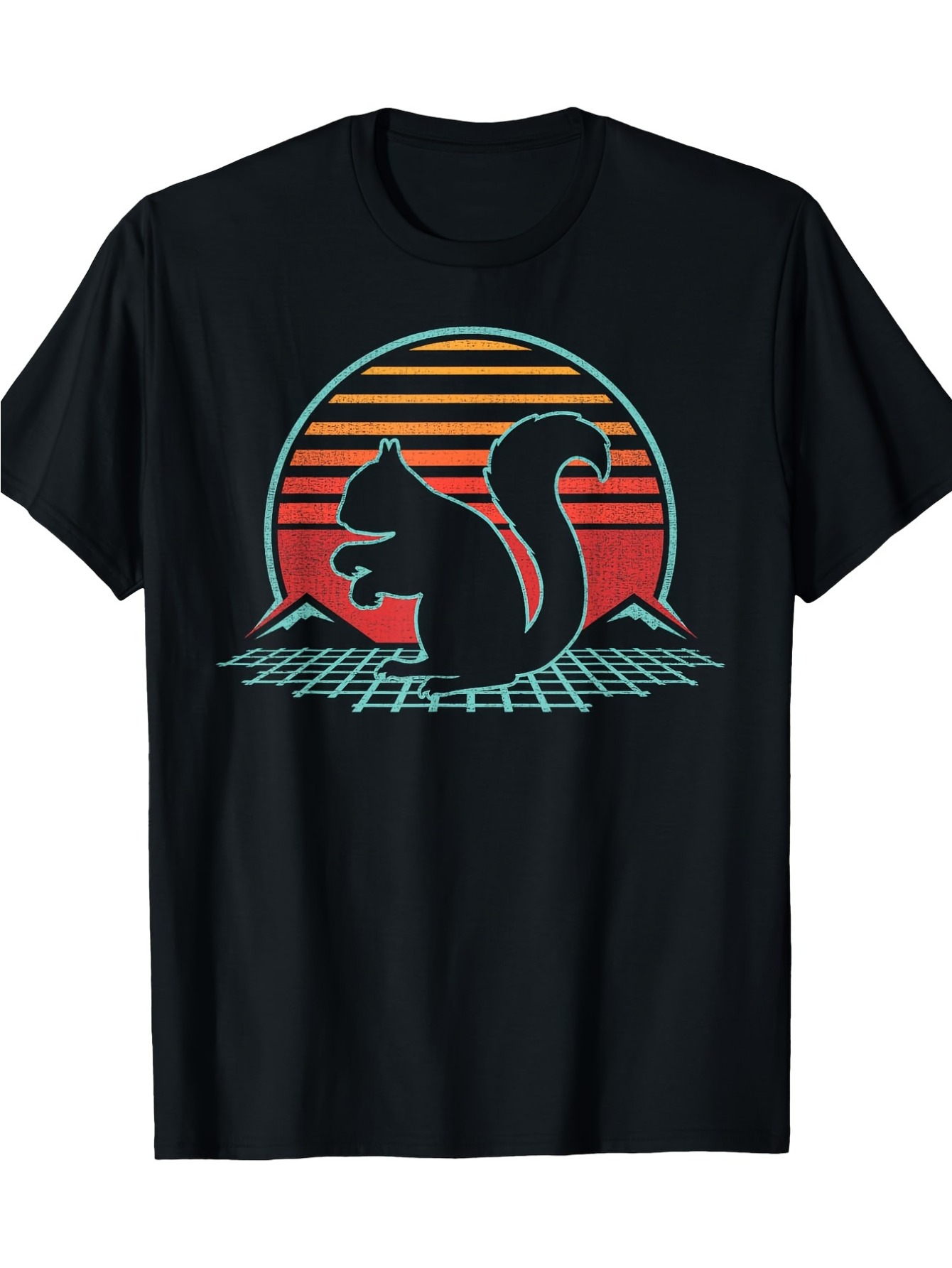 Men's Graphic T-Shirt Retro Sunset Silhouette With Mountains And Neon Grid Squirrel