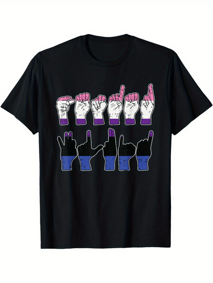 Men's Graphic T-Shirt American Sign Language Fingerspelling With Gradient Colored Shadow Hands