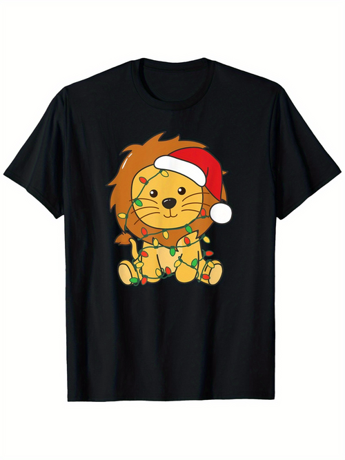 Men's Graphic T-Shirt Festive Holiday Lights And Cheerful Plush Lion Wearing Santa Hat