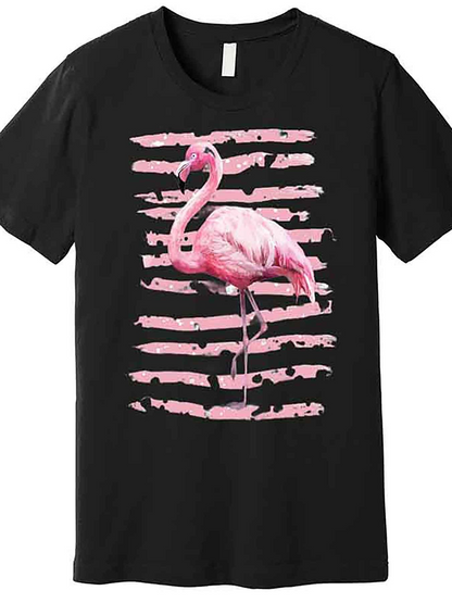 Men's Graphic T-Shirt Pink Feathered Flamingo Standing Against Textured Painted Striped Background Flamingo