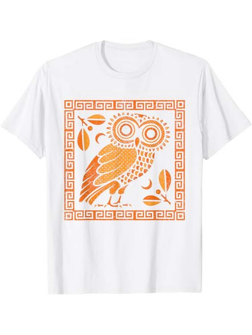 Men's Graphic T-Shirt Geometric Hellenic Pattern With Abstract Leaves Surrounding Wise Owl