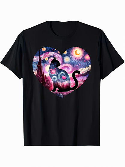 Men's Graphic T-Shirt Starry Fantasy Night With Heart Shaped Silhouette Featuring Mysterious Dreamy Cat