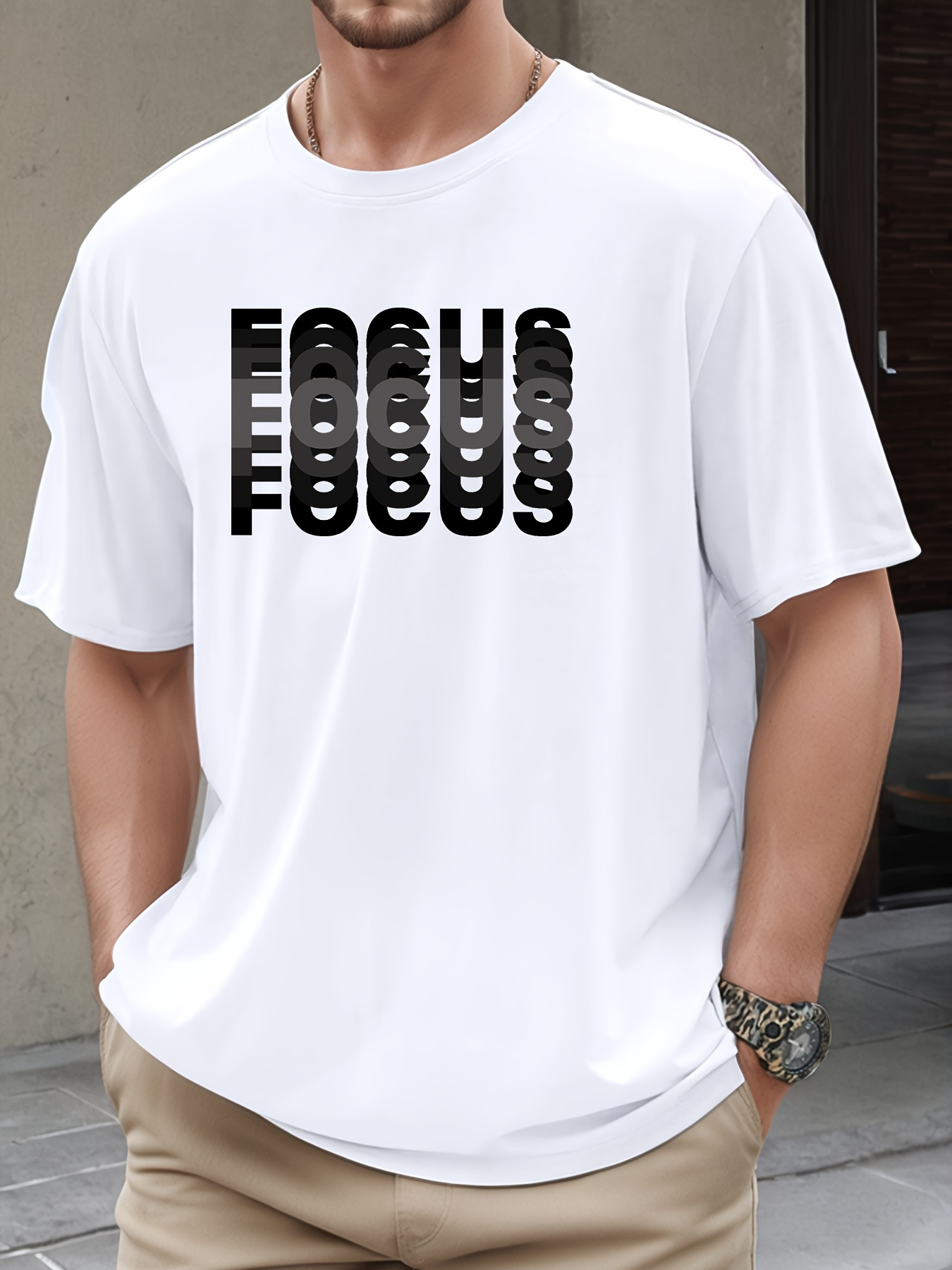 Men's Graphic T-Shirt Focus Stacked Shadowed Letters On Casual Cotton White T Shirt