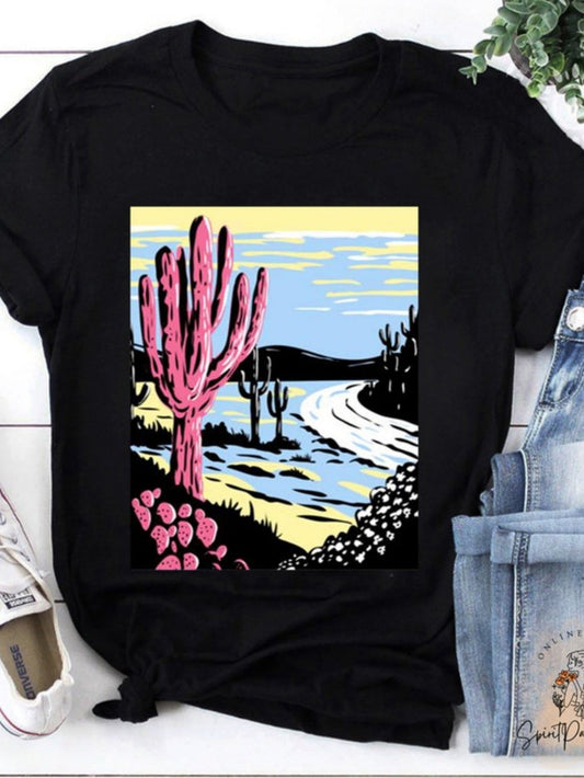 Women's Graphic T-Shirt Dusky Southwest Desert Scenery With Pink Cacti And Distant Mountains Cactus