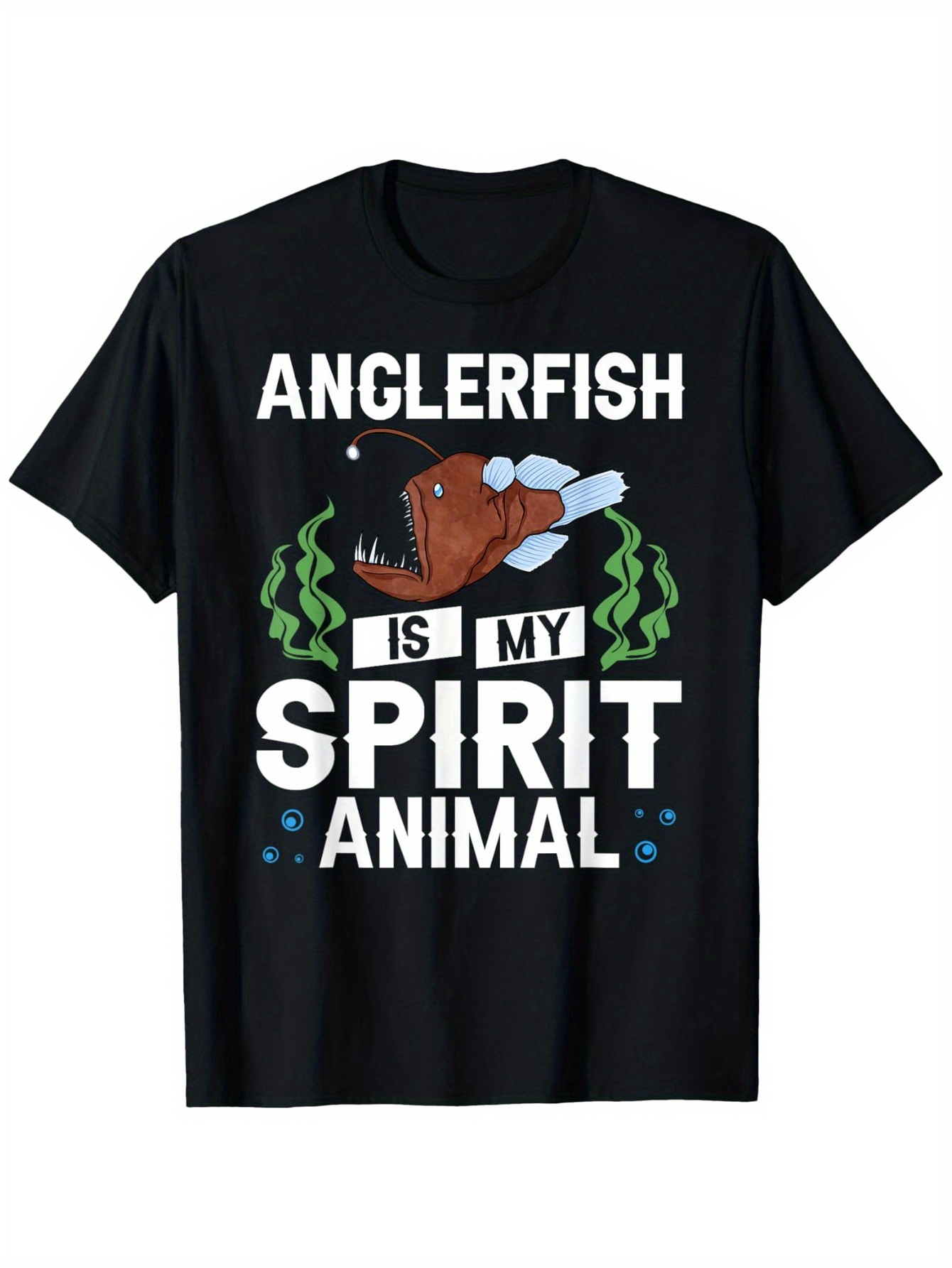 Men's Graphic T-Shirt Anglerfish Is My Spirit Animal Surrounded By Floating Bubbles And Green Seaweed Anglerfish