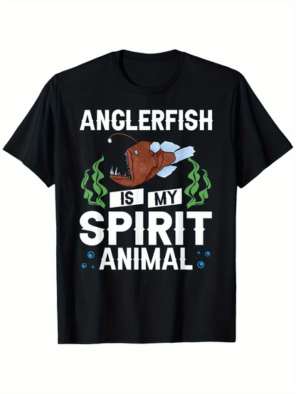 Men's Graphic T-Shirt Anglerfish Is My Spirit Animal Surrounded By Floating Bubbles And Green Seaweed Anglerfish