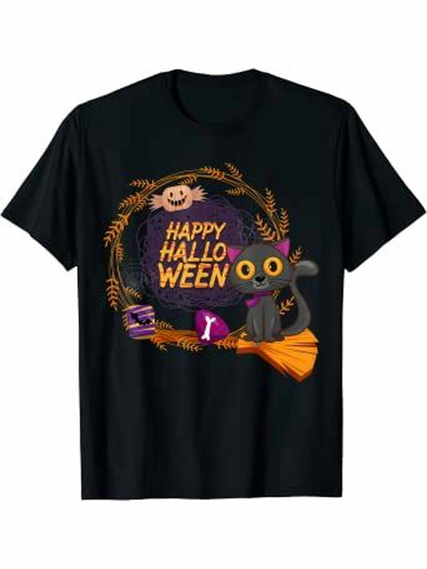 Men's Graphic T-Shirt Happy Halloween Playful Cat With Witch Hat And Pumpkin Lantern Wreath