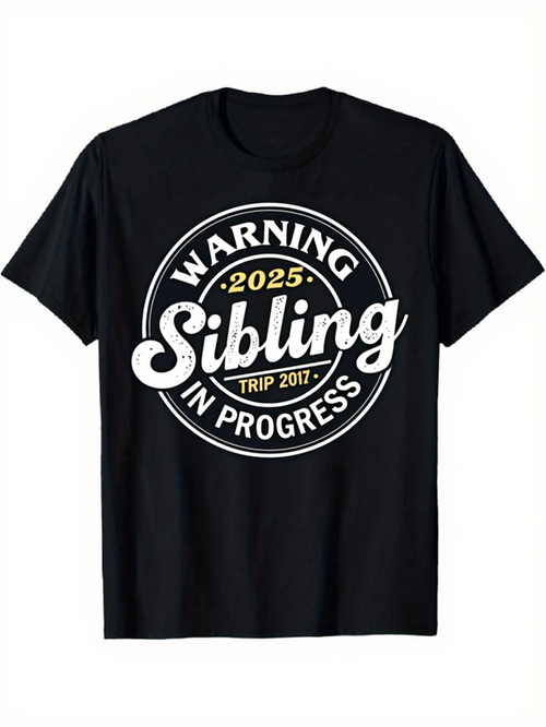 Men's Graphic T-Shirt Warning Sibling In Progress With Vintage Badge Emblem Typography Graphic T Shirt