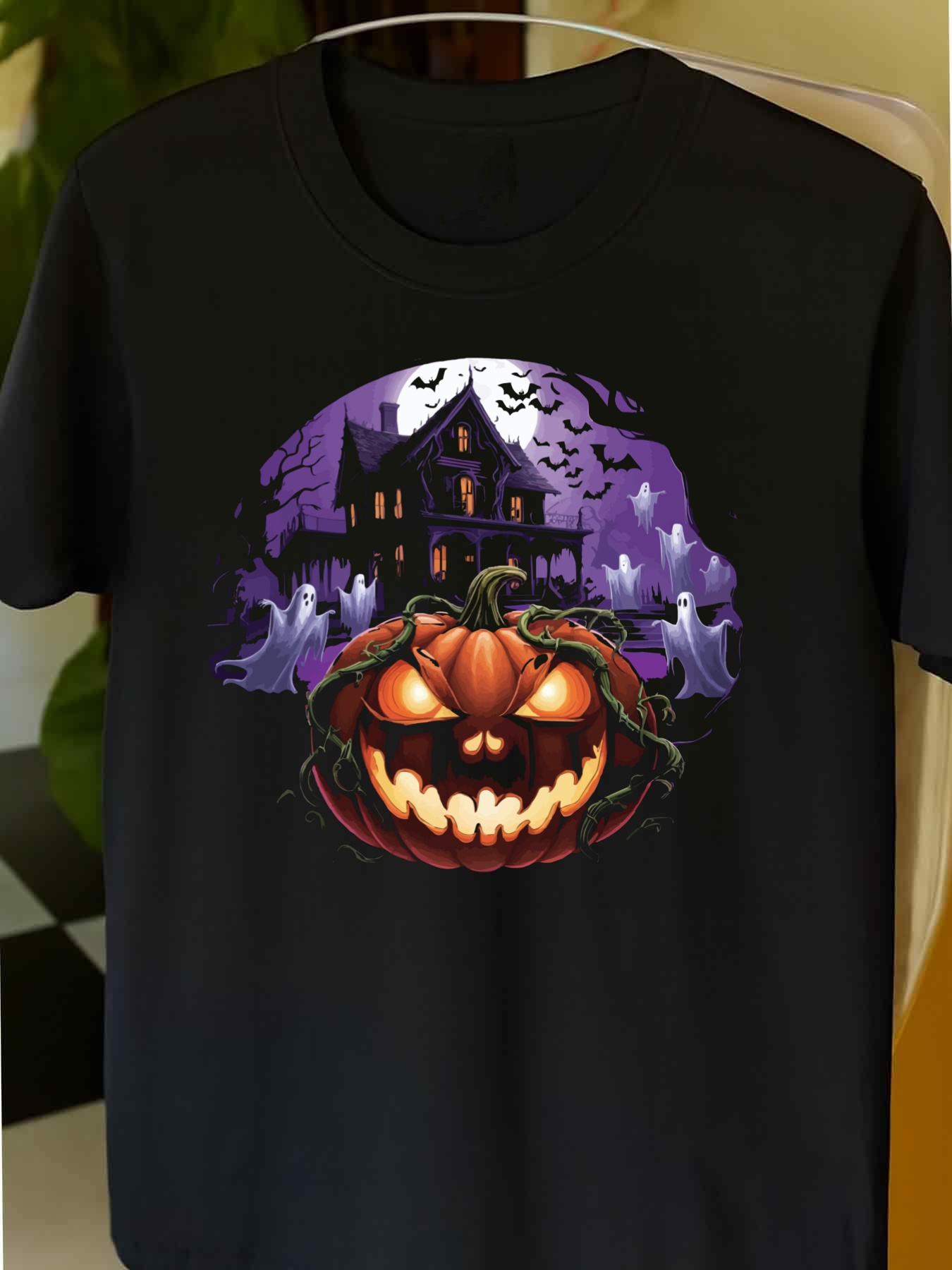 Men's Graphic T-Shirt Haunted Moonlit Night With Glowing Pumpkins And Spooky Ghosts Mansion