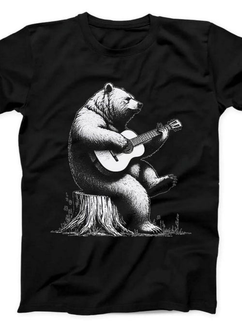 Men's Graphic T-Shirt Relaxed Woodland Setting With Bear Playing Acoustic Guitar
