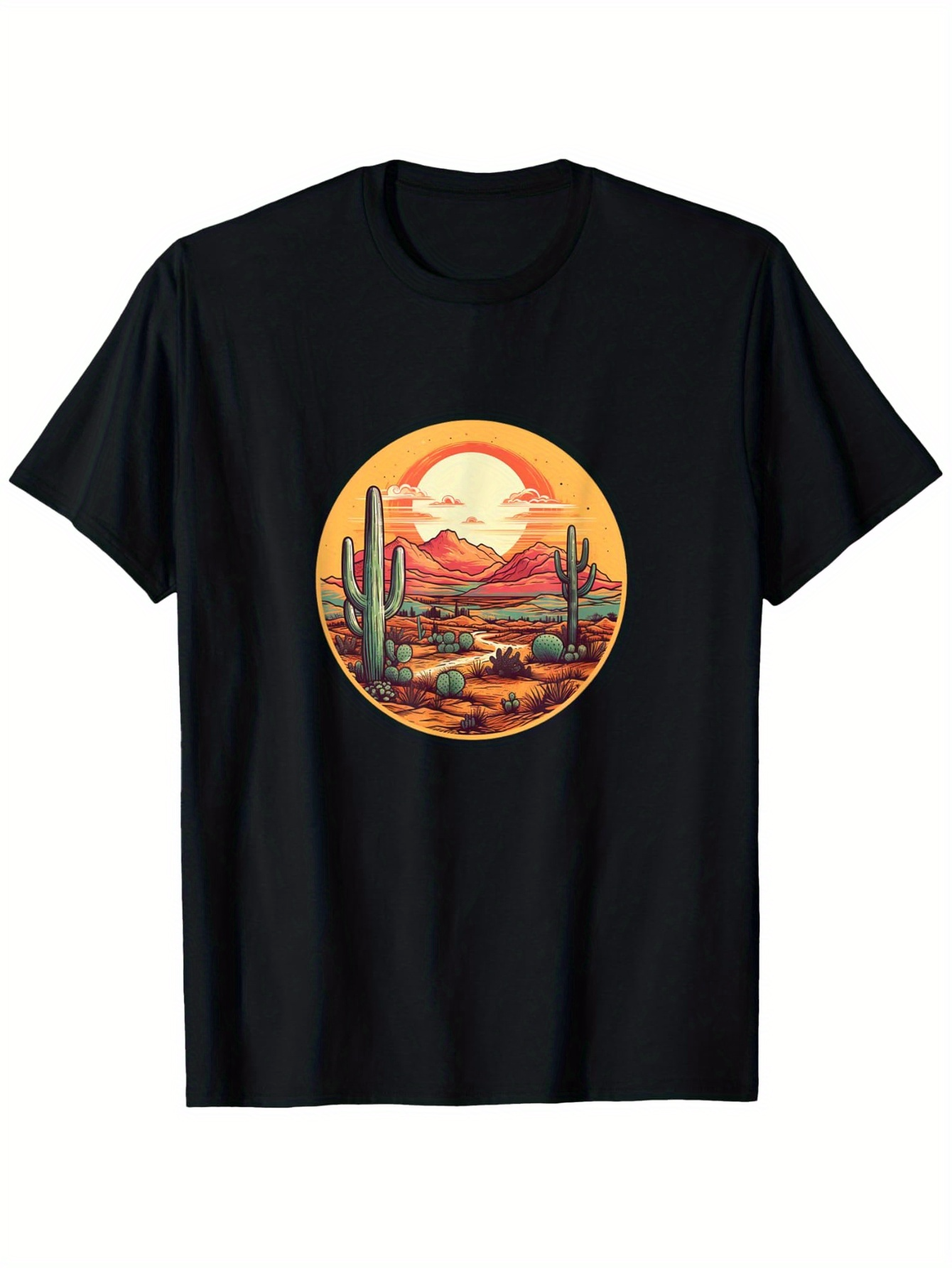 Men's Graphic T-Shirt Sunset Desert Landscape With Mountains And Tall Cactus Plants