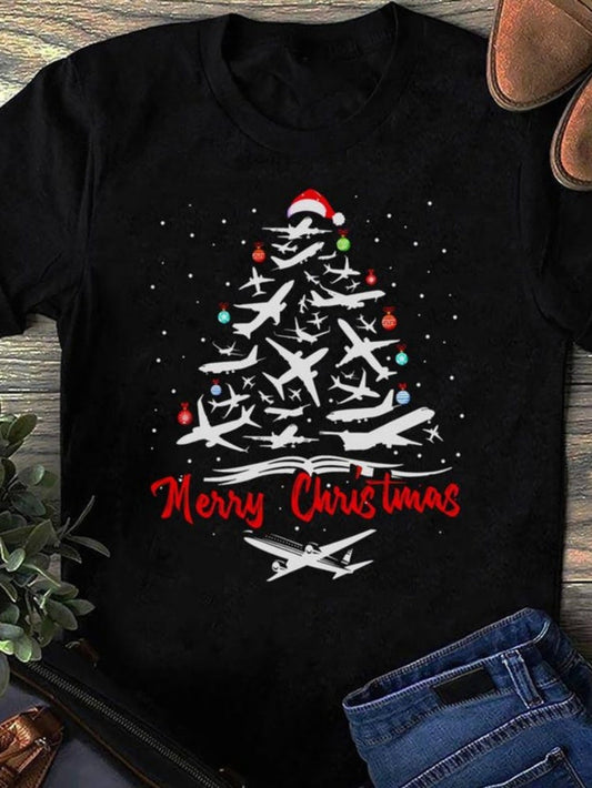 Women's Graphic T-Shirt Merry Christmas Colorful Airplanes Shaped As Festive Holiday Winter Tree