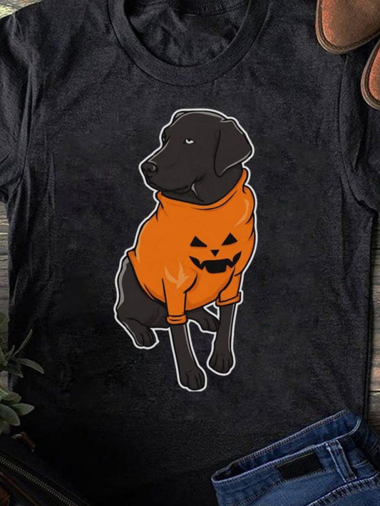 Women's Graphic T-Shirt Cute Dog Wearing Orange Pumpkin Sweatshirt Sitting Calmly Dog