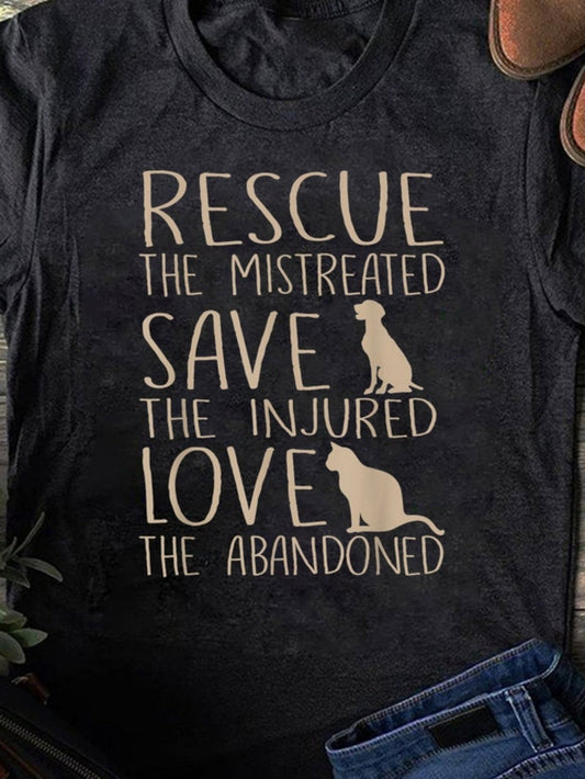 Women's Graphic T-Shirt Rescue Save Love Silhouetted Canine And Feline With Kind Message