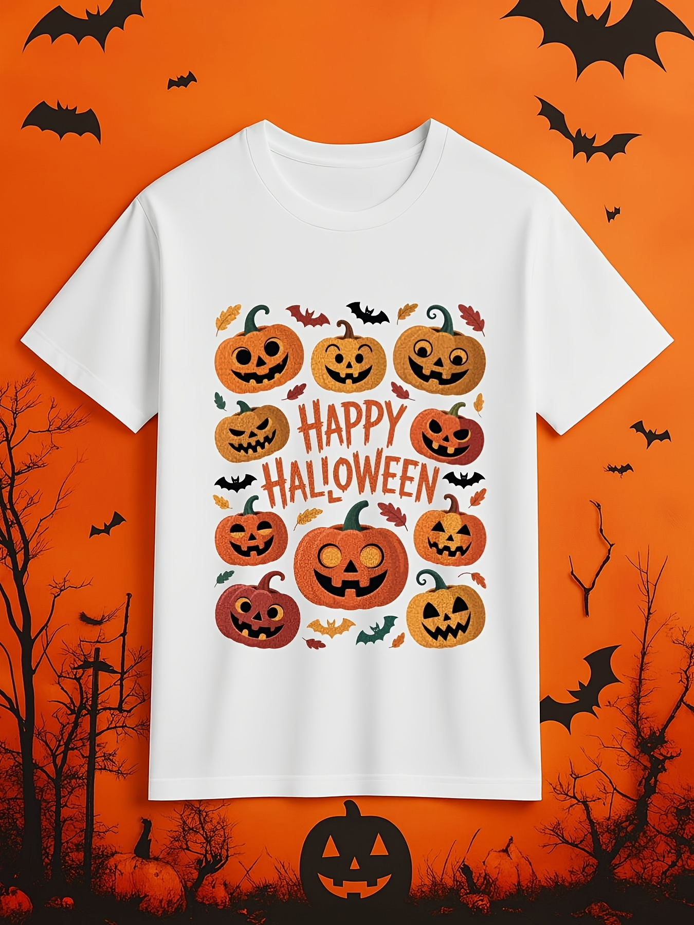 Men's Graphic T-Shirt Happy Halloween Colorful Pumpkins With Bats And Festive Orange Elements Pumpkin