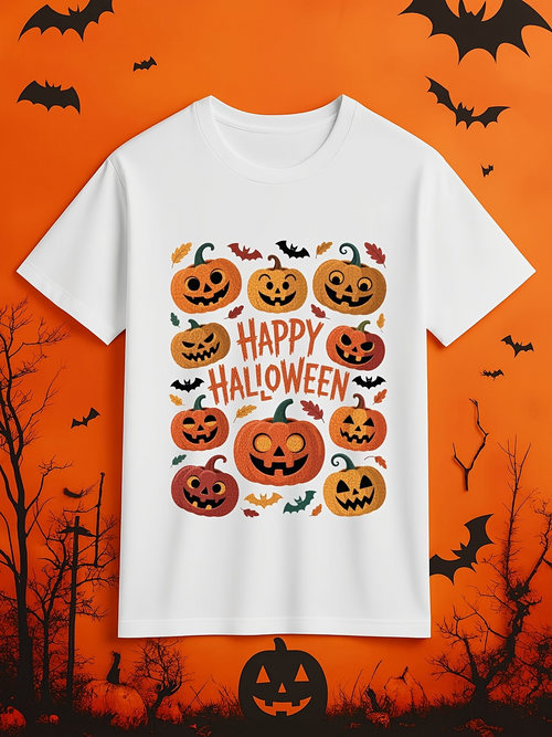 Men's Graphic T-Shirt Happy Halloween Colorful Pumpkins With Bats And Festive Orange Elements Pumpkin