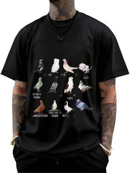 Men's Graphic T-Shirt Illustrated Birds In Rows Featuring Numerous Unique Colorful Pigeon Varieties