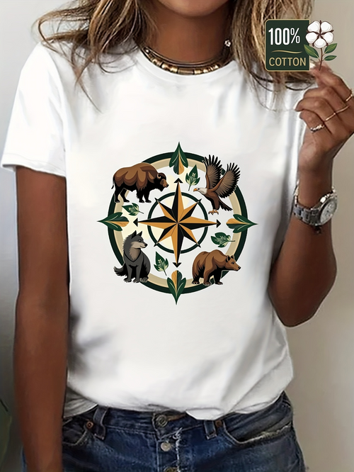 Men's Graphic T-Shirt Wildlife Surrounded By Compass With Green Leaves Bear
