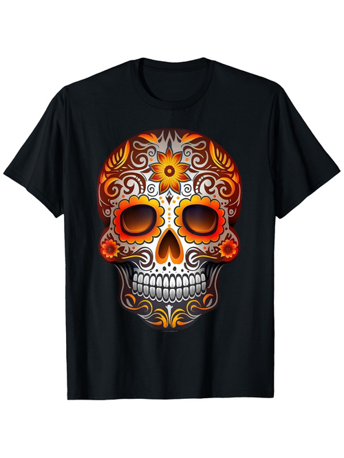 Men's Graphic T-Shirt Fiery Ornate Swirls And Flowers Around Day Of The Dead Skull