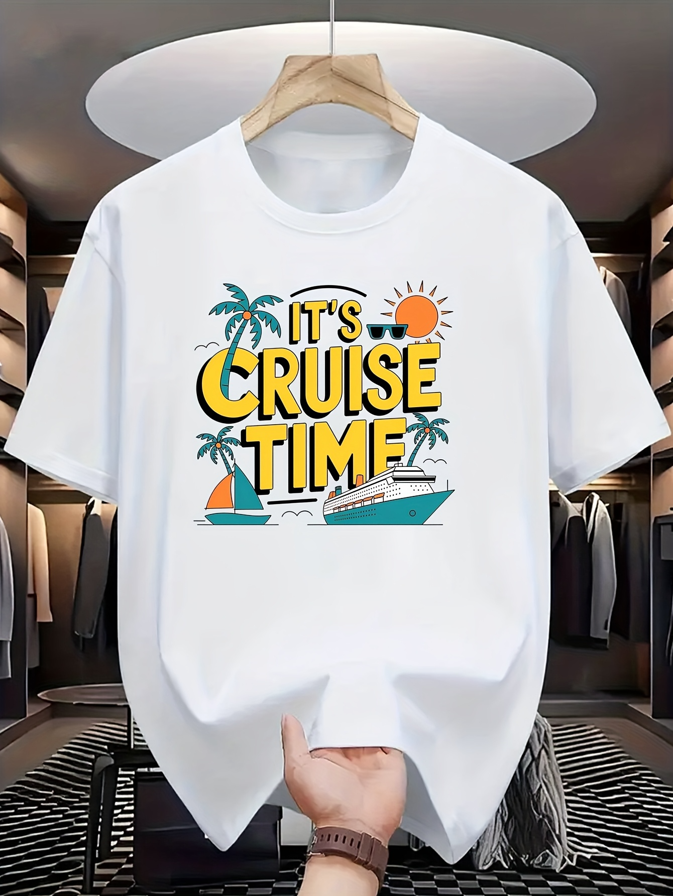 Men's Graphic T-Shirt Its Cruise Time Tropical Palms With Relaxing Ocean Sunset And Cruise Ship