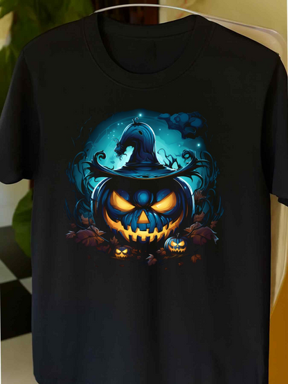 Men's Graphic T-Shirt Glowing Blue Night With Witch Hat Pumpkin Surrounded By Little Jack O Lanterns