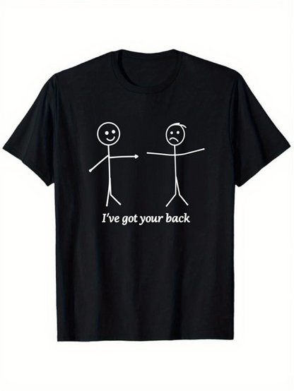 Men's Graphic T-Shirt Ive Got Your Back Playful Stick Figures Black Cotton T Shirt