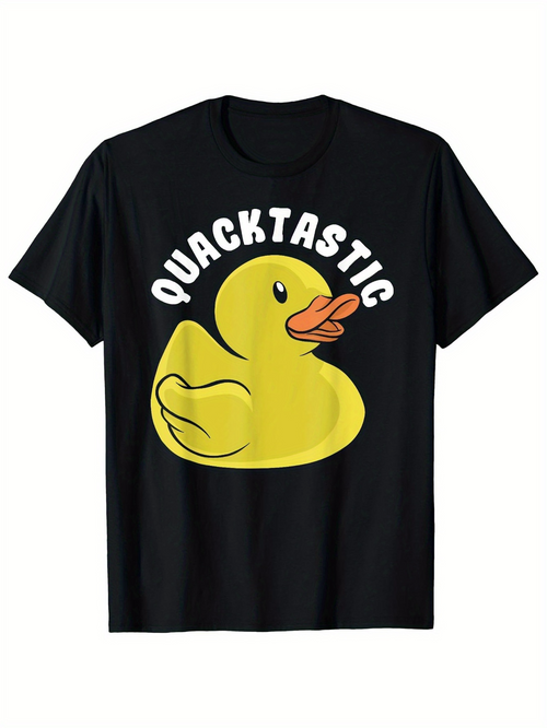 Men's Graphic T-Shirt Quacktastic Bright Yellow Cartoon Duck Illustration Under Curved Letters Duck