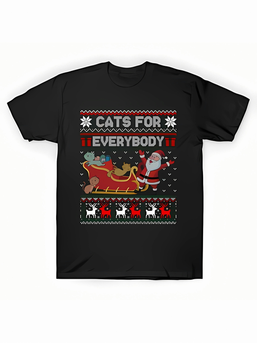 Men's Graphic T-Shirt Cats For Everybody Santa Sleigh With Festive Snowflakes And Joyful Cats