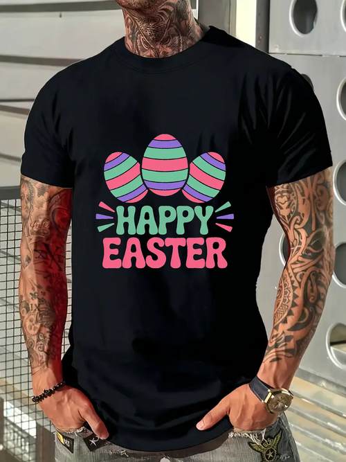 Men's Graphic T-Shirt Happy Easter Colorful Striped Eggs With Festive Vibrant Holiday Design