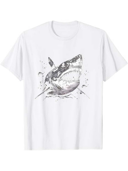 Men's Graphic T-Shirt Black White Splash Effect With Realistic Powerful Water Shark