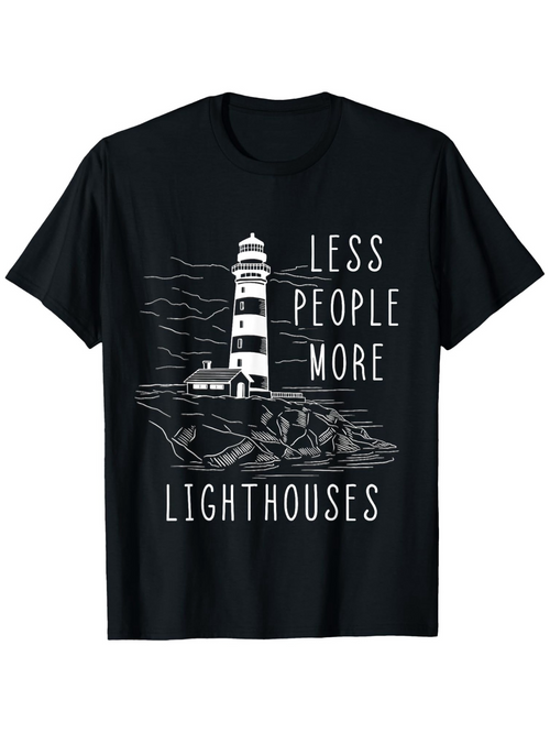 Men's Graphic T-Shirt Less People More Lighthouses Over Night Seaside Coastline And Large Lighthouse