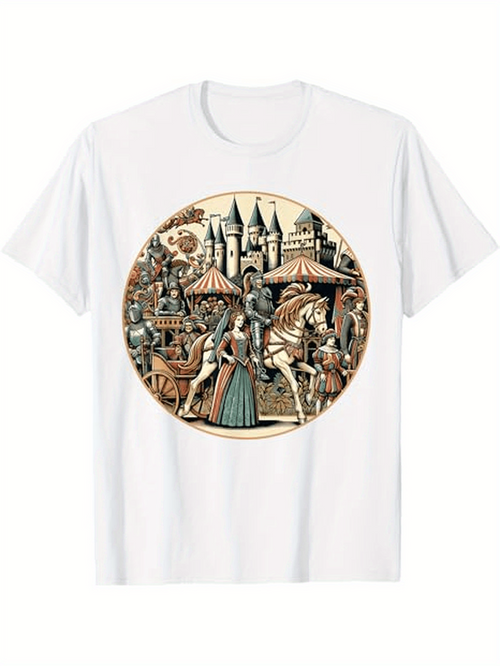 Men's Graphic T-Shirt Medieval Romance In Festive Castle Courtyard With Horses And People