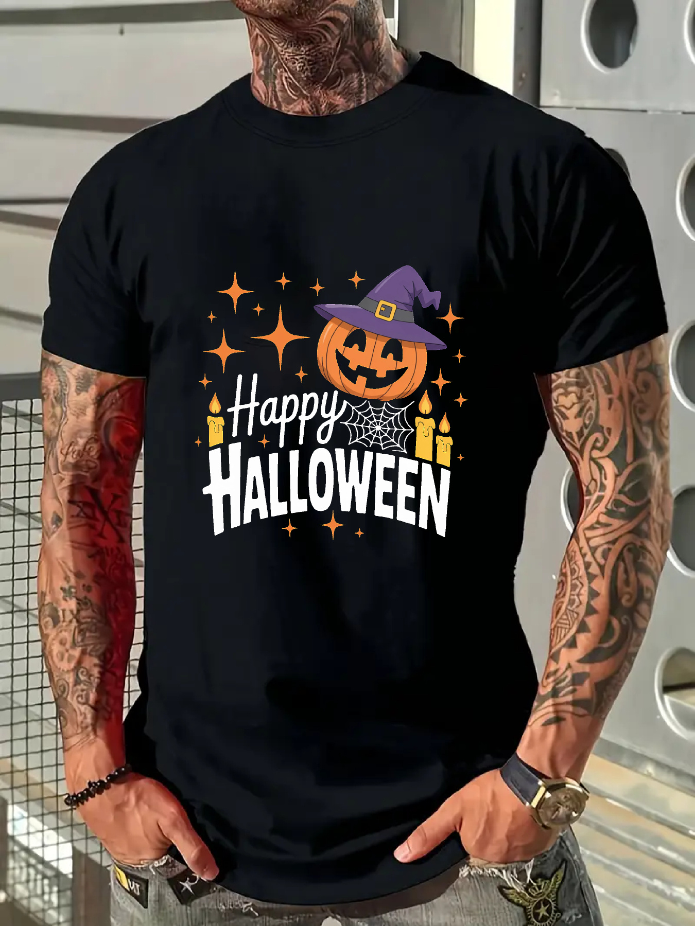 Men's Graphic T-Shirt Happy Halloween Pumpkin With Purple Witch Hat Among Floating Candles