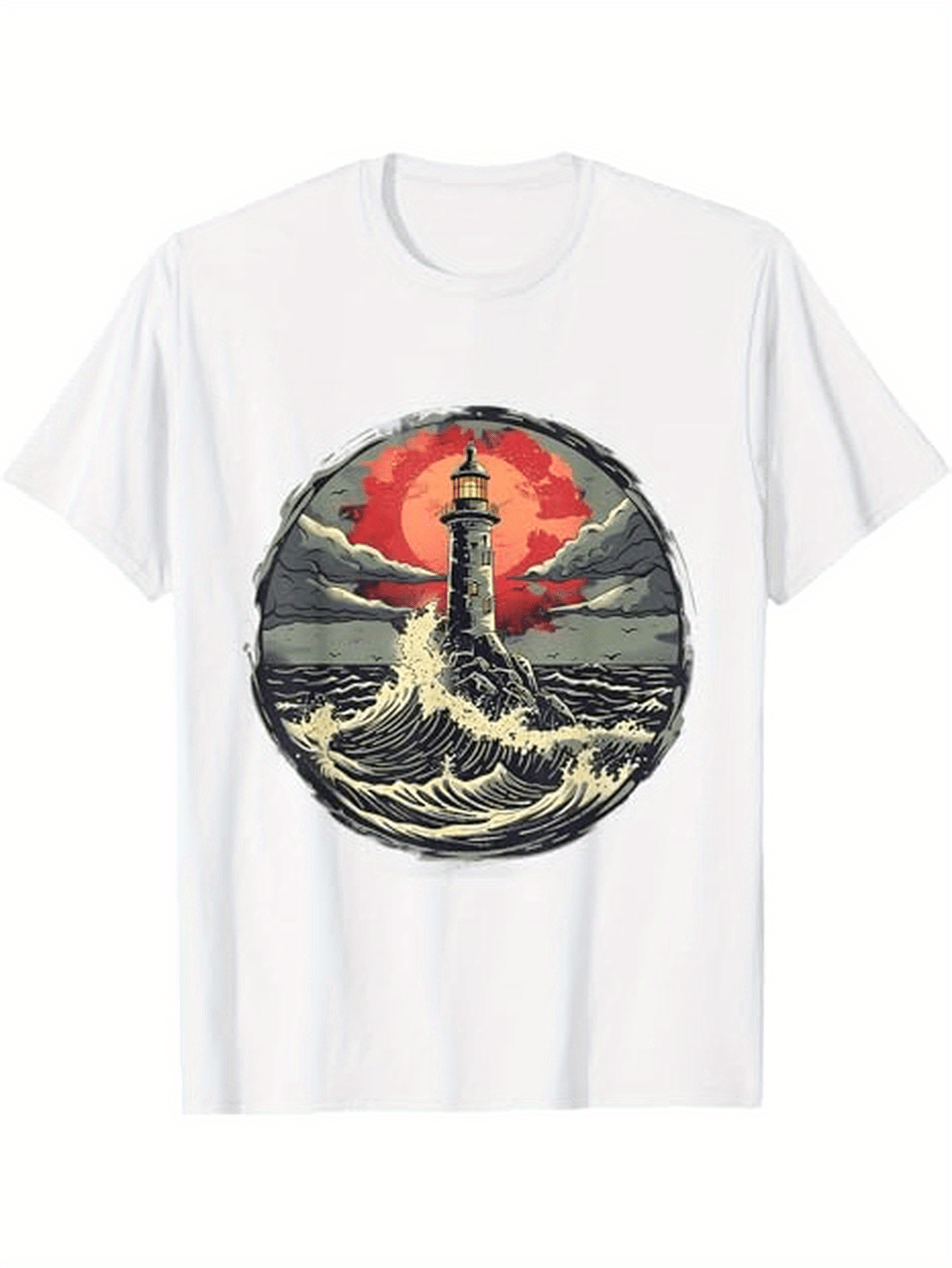 Men's Graphic T-Shirt Crashing Ocean Waves With Dramatic Red Sun Behind Lighthouse