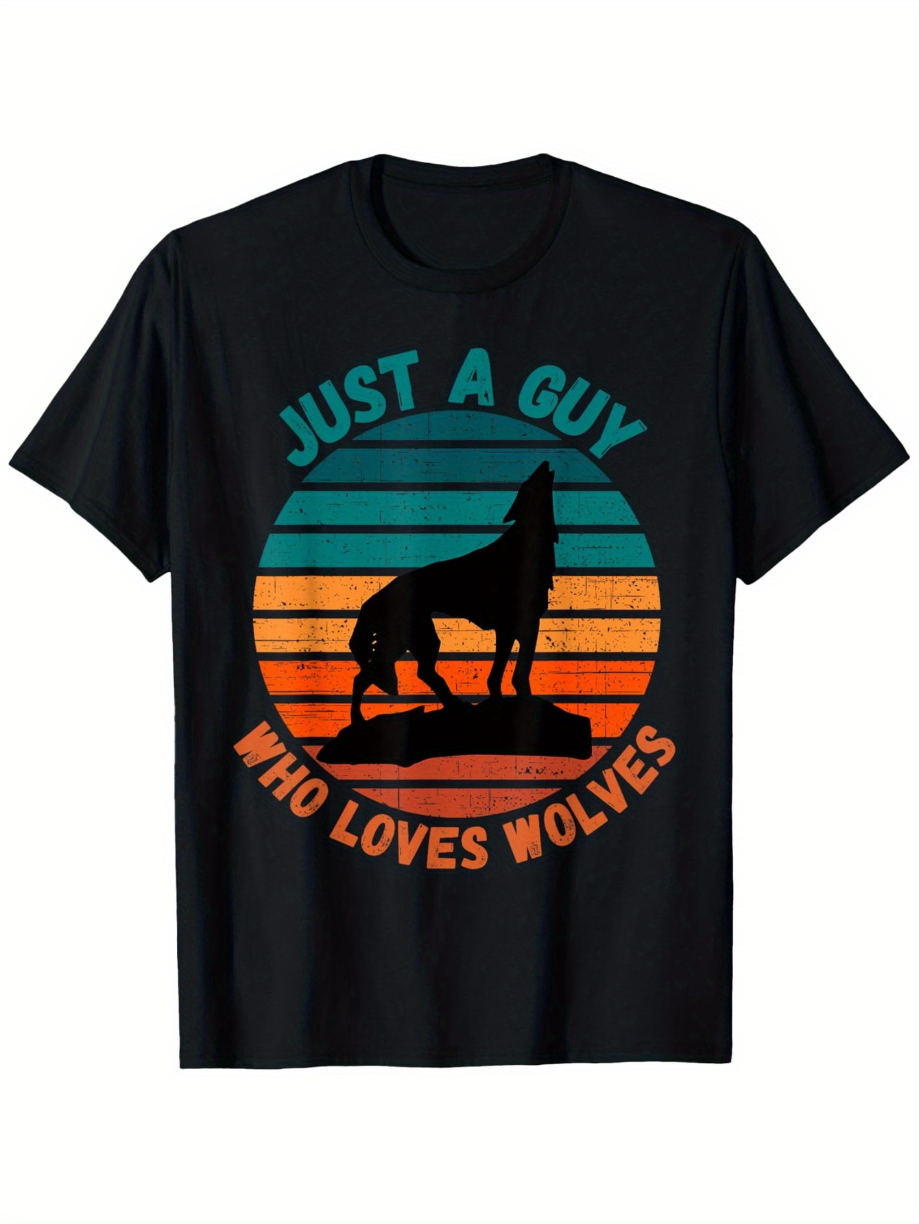 Men's Graphic T-Shirt Just A Guy Who Loves Wolves Silhouette Wolf With Retro Sunset Colors