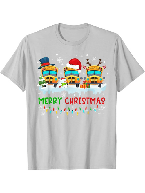 Men's Graphic T-Shirt Merry Christmas Festive School Buses With Snowmen And Holiday Hats