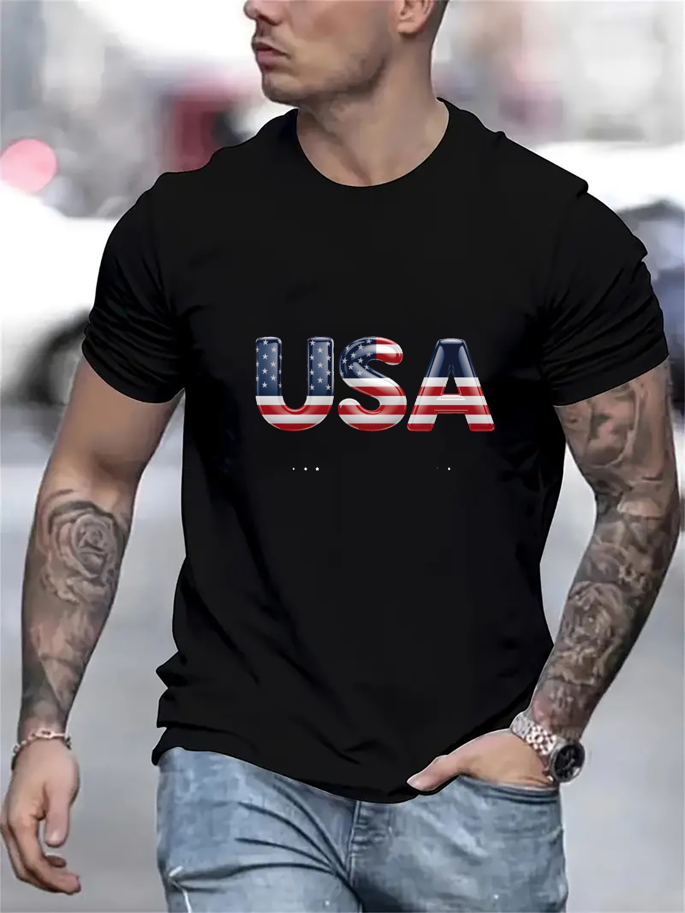 Men's Graphic T-Shirt USA American Flag Letters Surrounded By Urban City Street Scene T Shirt