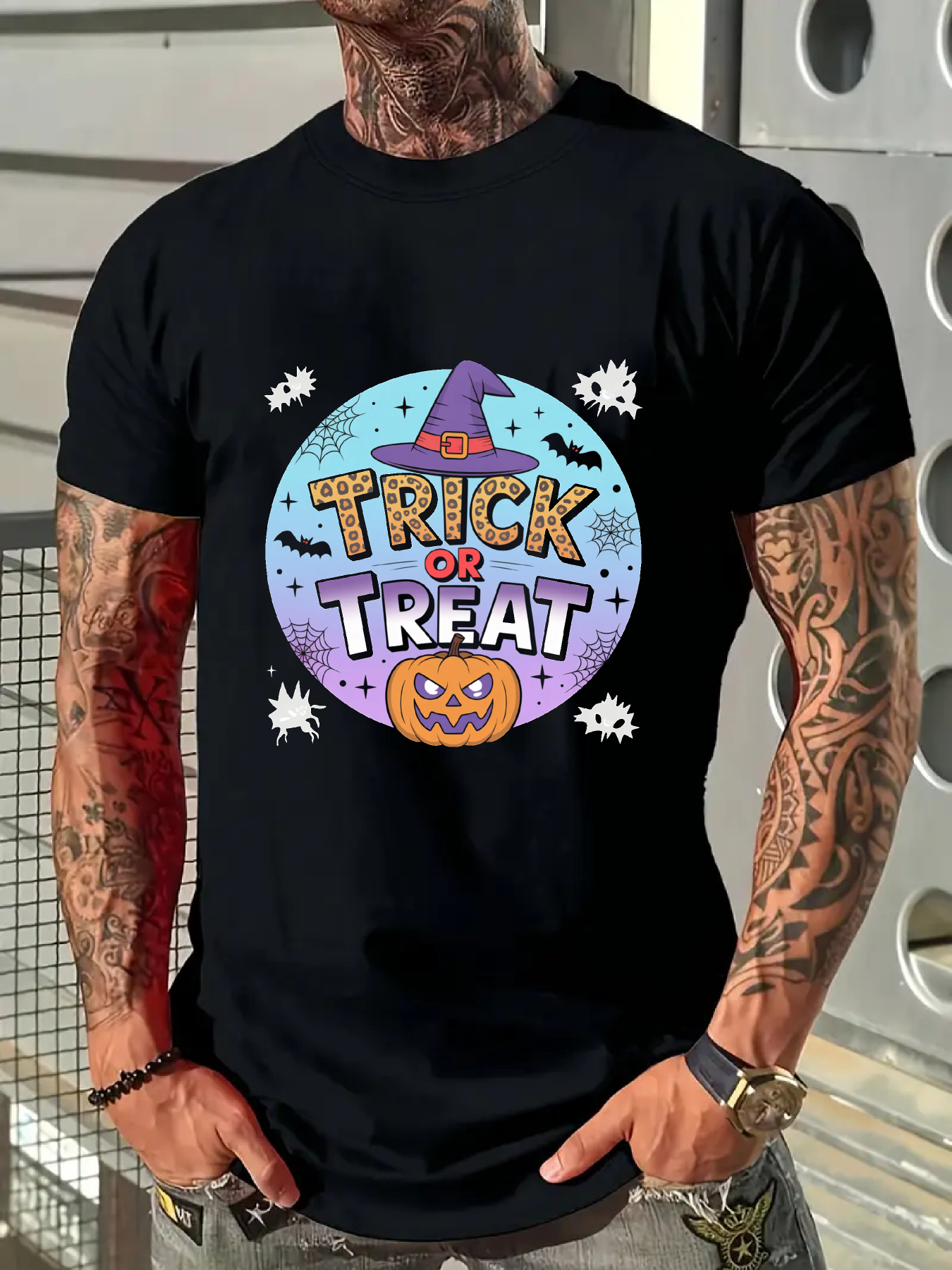 Men's Graphic T-Shirt Trick Or Treat Purple Hat With Bats Orange Pumpkin And Stars Halloween
