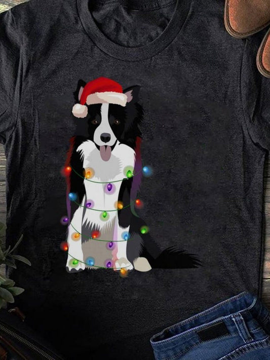 Women's Graphic T-Shirt Christmas Lights Wrapped Playful Border Collie Dog