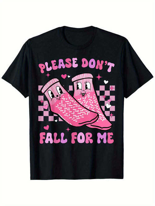 Men's Graphic T-Shirt Please Dont Fall For Me Pink Cartoon Socks With Checkered Background Heart Shapes