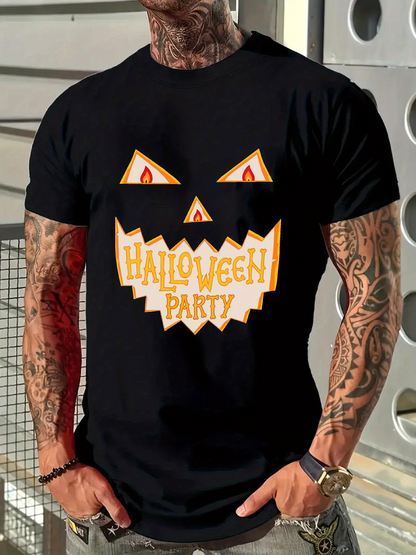 Men's Graphic T-Shirt Halloween Party With Orange Yellow Letters In Pumpkin Face Graphic