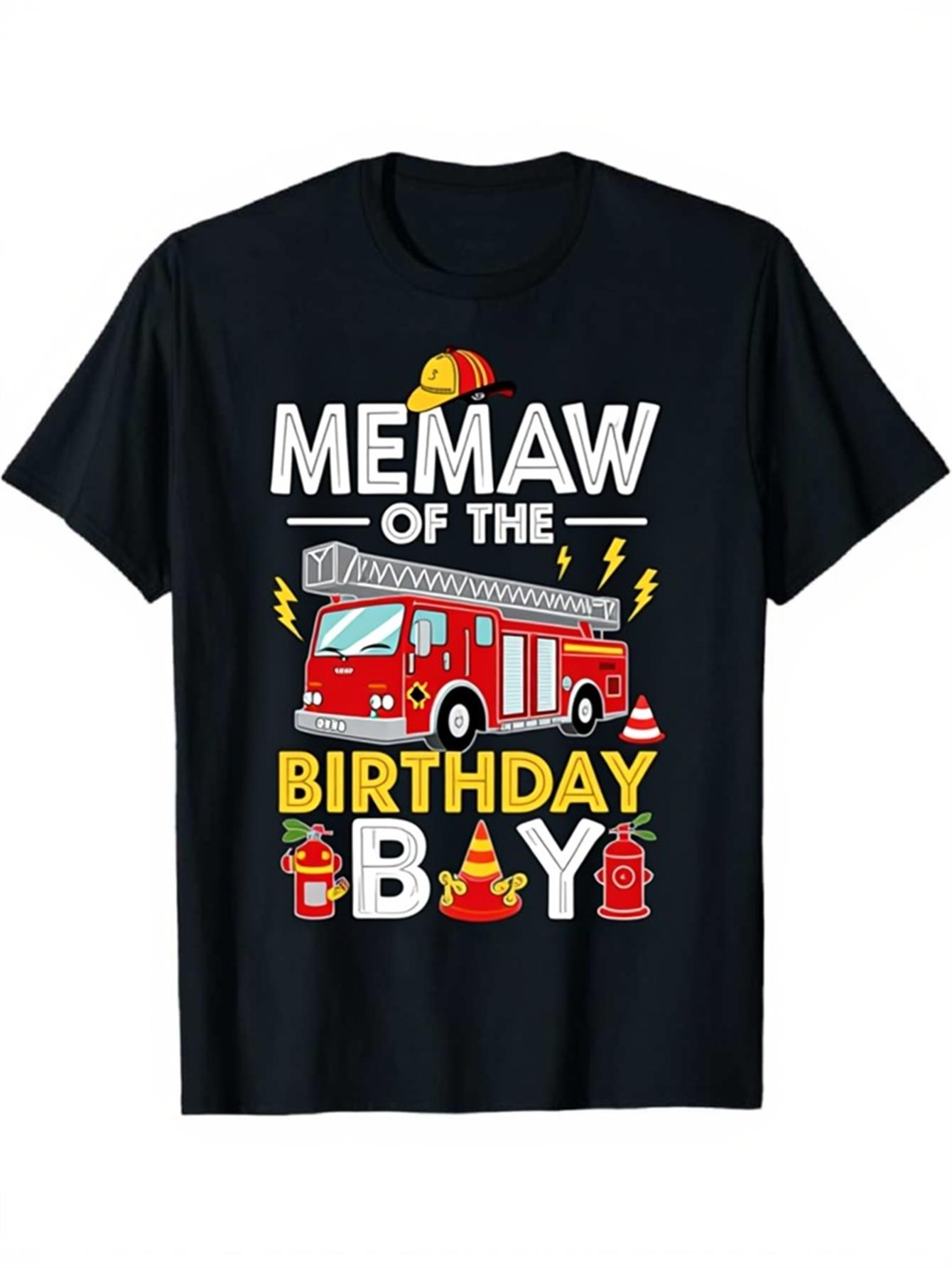 Men's Graphic T-Shirt Memaw Of The Birthday Boy Red Fire Truck With Yellow Lightning And Fire Hydrant