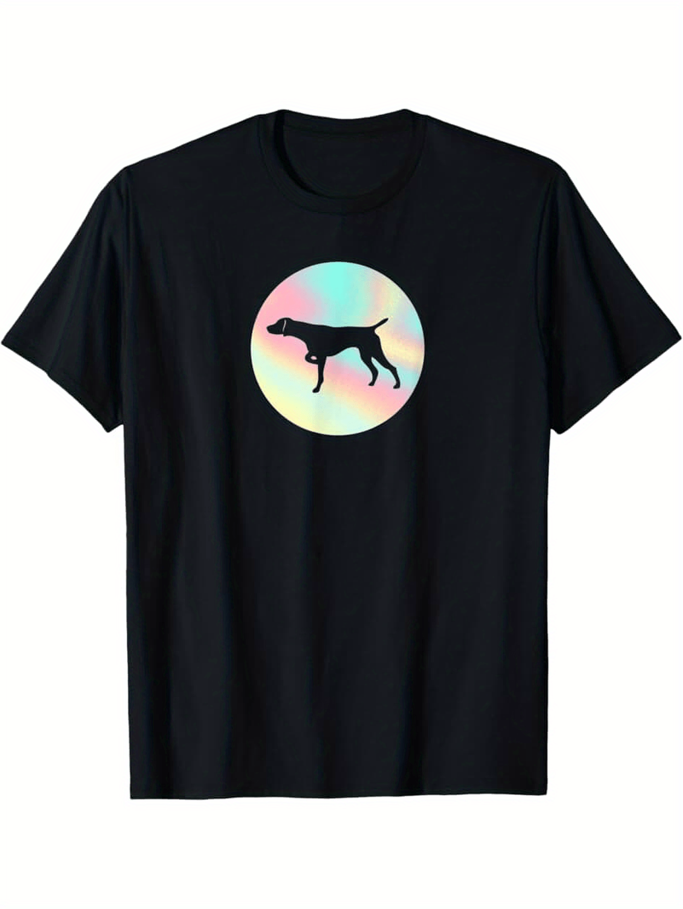 Men's Graphic T-Shirt Pastel Rainbow Circle With Silhouette Of Standing Alert Dog