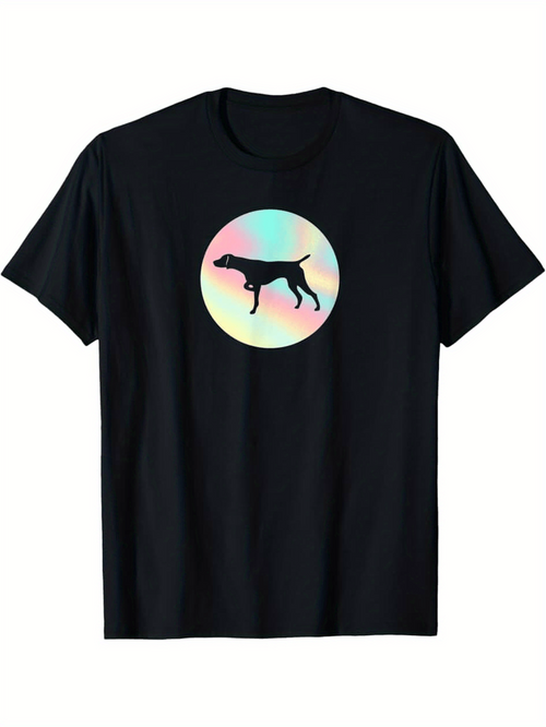 Men's Graphic T-Shirt Pastel Rainbow Circle With Silhouette Of Standing Alert Dog
