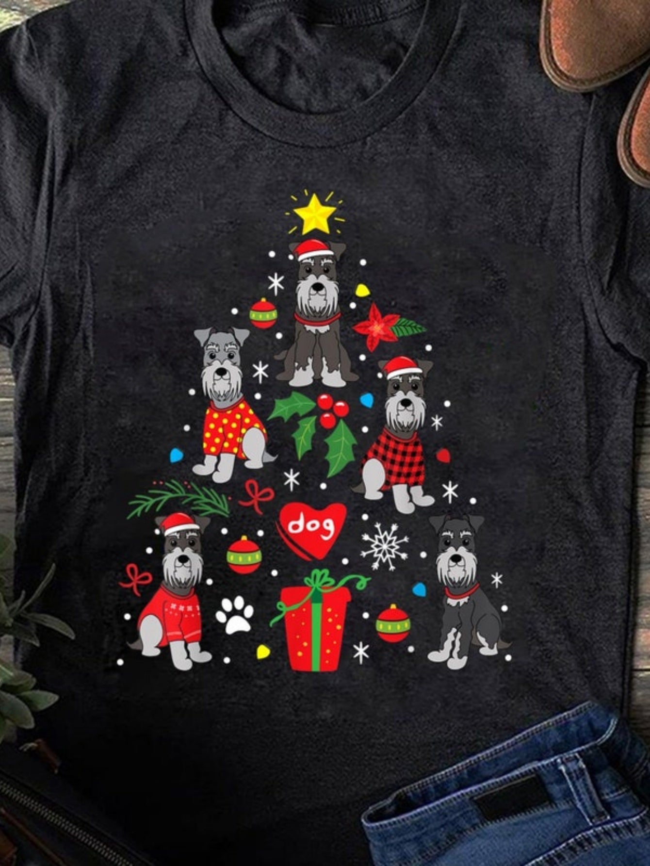 Men's Graphic T-Shirt Festive Holiday Tree With Schnauzer Dogs Santa Hats Christmas Gift