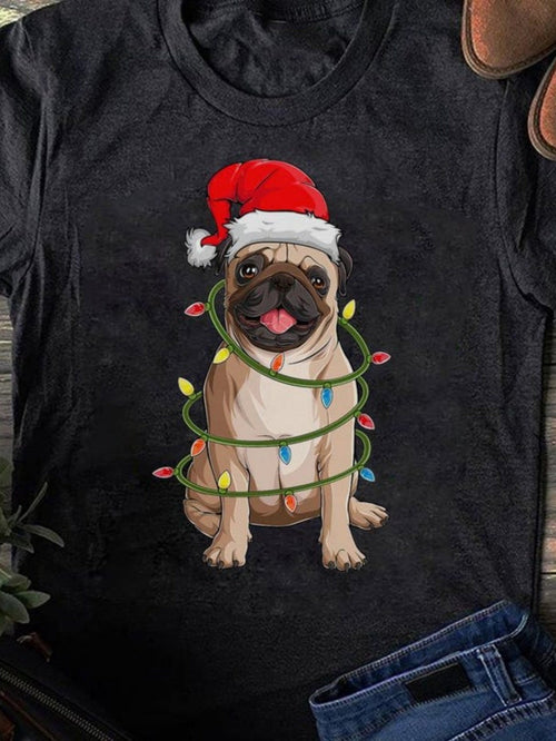 Men's Graphic T-Shirt Festive Pug With Christmas Lights Wearing Red Santa Hat Pug