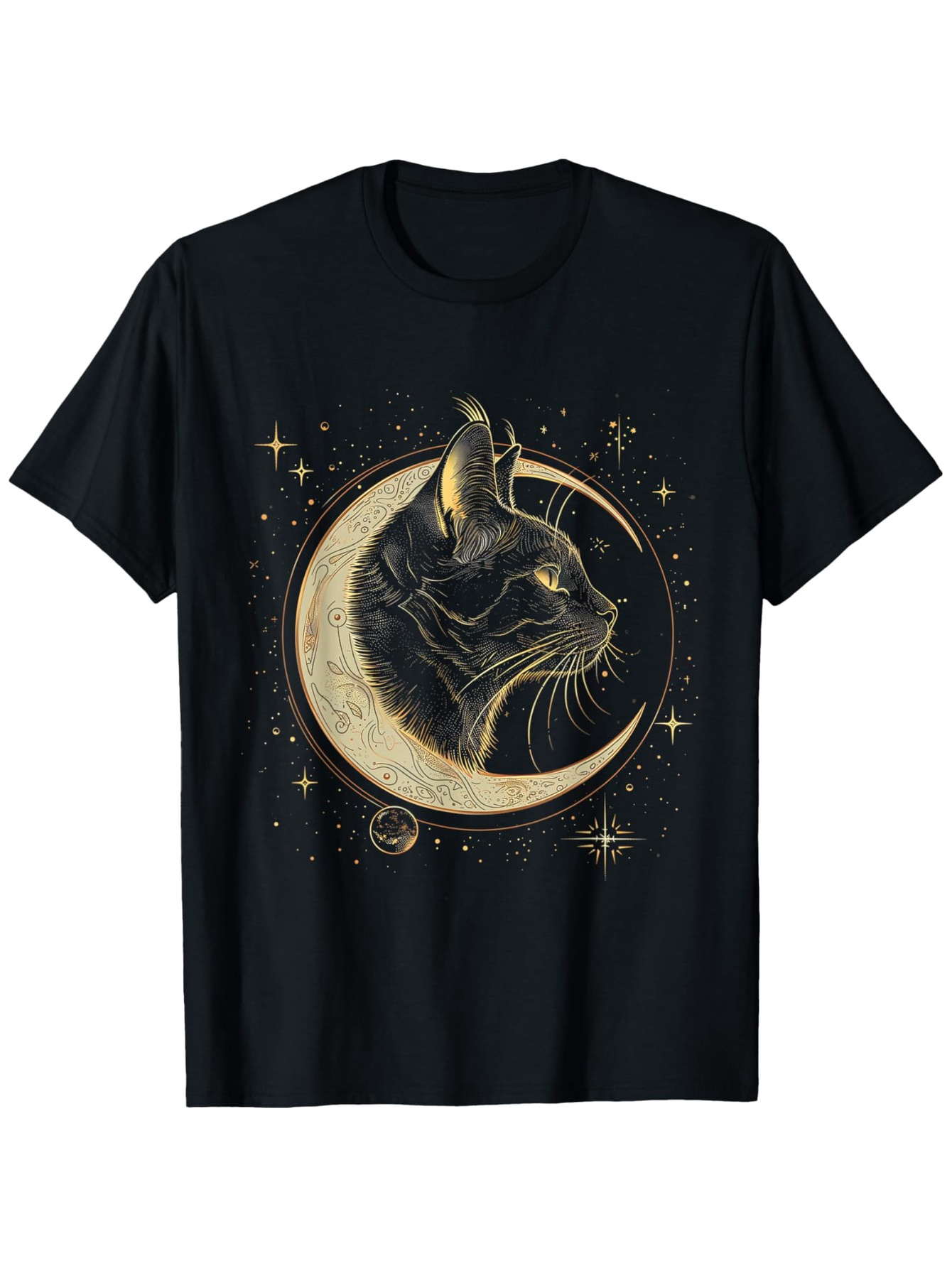 Men's Graphic T-Shirt Celestial Gold Moon Surrounded By Stars With Noble Black Cat