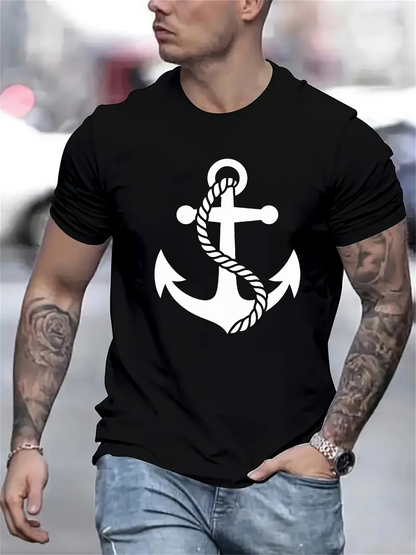 Men's Graphic T-Shirt Nautical Rope Design With Thick Knot Wrapped Around Classic Anchor